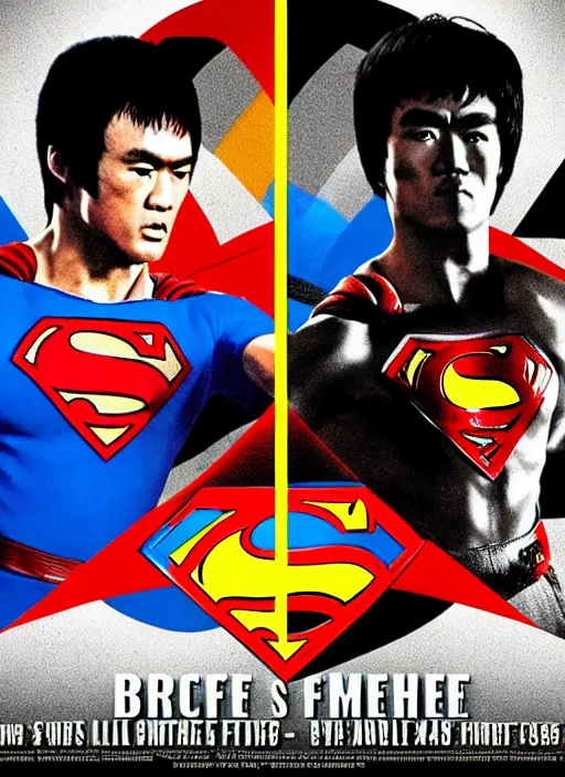 Image similar to Film poster Bruce lee fights VS superman, full body, detailed and realistic, 4k, filmic render