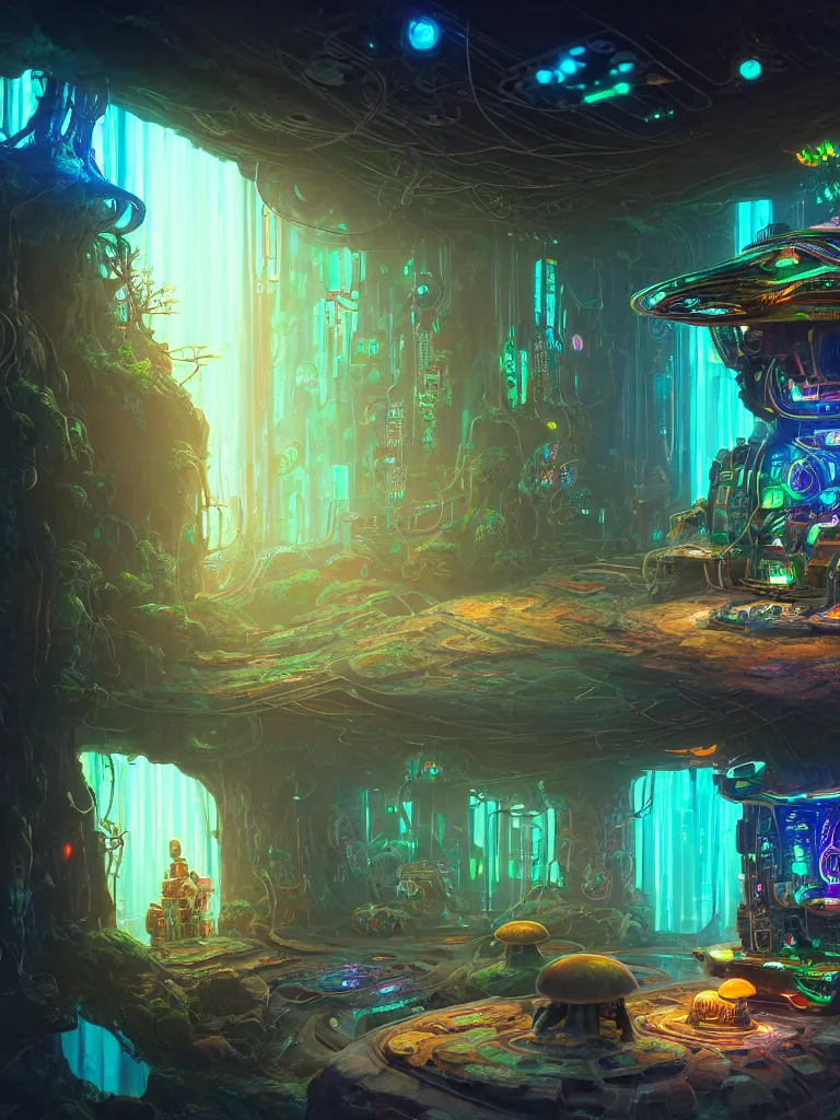 Image similar to the interior of a celestial cyberpunk cottage in a bioluminescent tree trunk decorated beautifully, lots of cyberpunk design elements like gigantic toadstool mushrooms and robots, warm sunlight shining in, lots of plants and cables, concept art 8 k resolution, fantasy illustration, sharp focus, detailed painting, deep color, volumetric lighting, crepuscular rays