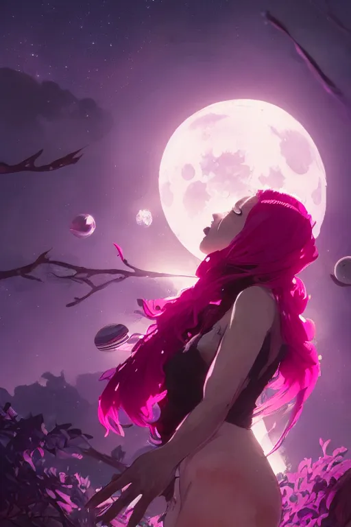 Prompt: A beautiful woman with magenta hair covering her face basking in the moonlight on an obsidian crystal bed below planets, tall tree, cinematic lighting, dramatic atmosphere, by Dustin Nguyen, Akihiko Yoshida, Greg Tocchini, Greg Rutkowski, Cliff Chiang, 4k resolution, trending on artstation