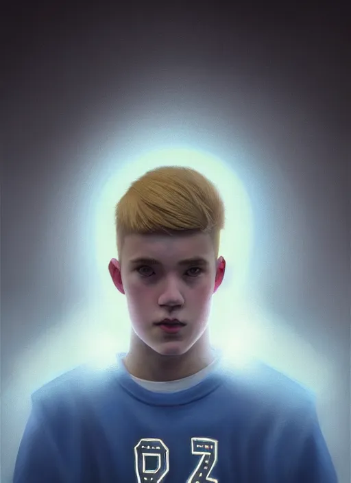 Image similar to portrait of high school senior boy named big moose, blonde short hair, jock, beefy, wide face, square jaw, square facial structure, blue varsity jacket with letter r, intricate, elegant, glowing lights, highly detailed, digital painting, artstation, concept art, sharp focus, illustration, art by wlop, mars ravelo and greg rutkowski