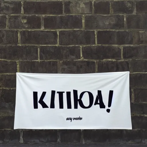 Prompt: katzkab written in a cream white colour fabric banner