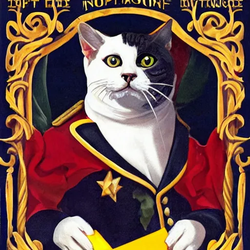 Prompt: a propaganda poster depicting a cat dressed as french emperor napoleon holding a piece of cheese, trending on artstation