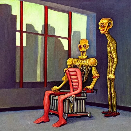 Image similar to weary cyborg king on a throne, dystopian, pj crook, edward hopper, oil on canvas