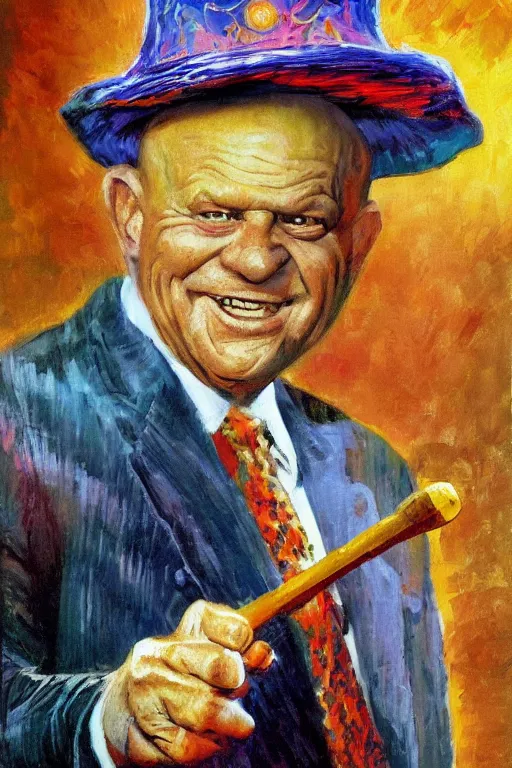 Prompt: impressionist painting of don rickles as a wizard, in the style of tim hildebrandt and frank frazetta, gestural paint strokes, wizard hat, magic wand, magical fire