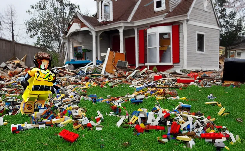 Prompt: a razed broken house made of lego, pieces of lego laying on the lawn