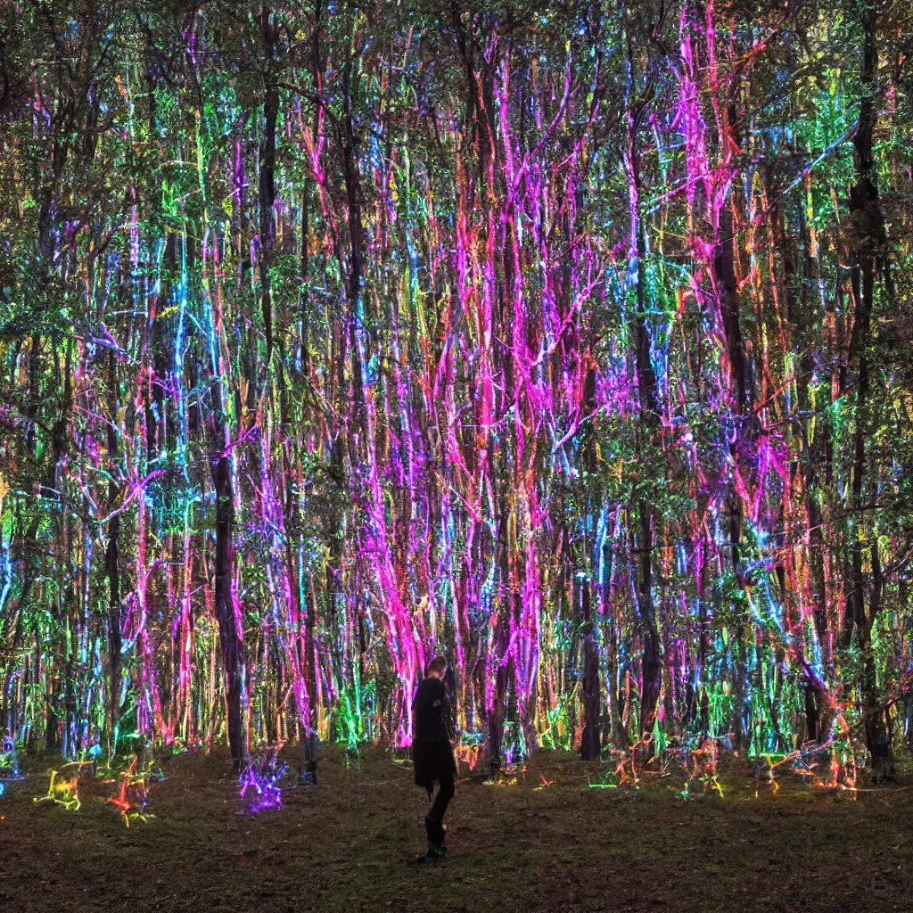 Prompt: a pyschonautistic paranormal Installation Art in front of a forest that full of glowing trees