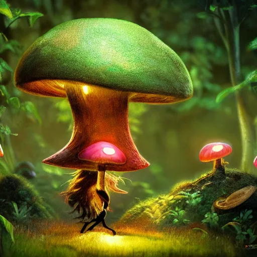 Image similar to Intricate detailed illustration, A happy humanoid mushroom frolicking in a lush rainforest, 🍄 , cinematic lighting, by Philip Hood, wide angle, volumetric light scattering, 8k, artstation, concept art,