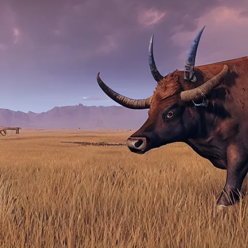 Image similar to screenshot of a bull with long horns in the steppe from Pathologic 2