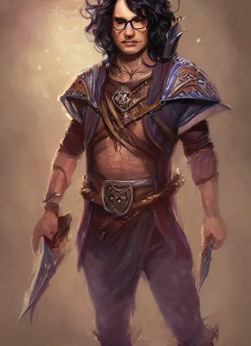 Prompt: male with black wavy hair and glasses, dndbeyond, bright, colourful, realistic, dnd character portrait, full body, pathfinder, pinterest, art by ralph horsley, dnd, rpg, lotr game design fanart by concept art, behance hd, artstation, deviantart, hdr render in unreal engine 5
