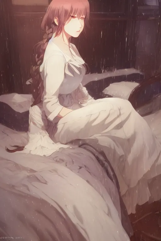 Image similar to a girl in a maid's outfit in the bedroom a night, raining outside the window, wavy white long hair, by krenz cushart and mucha and akihito yoshida and greg rutkowski and makoto shinkai and rei 0 7, detailed eyes, 4 k resolution