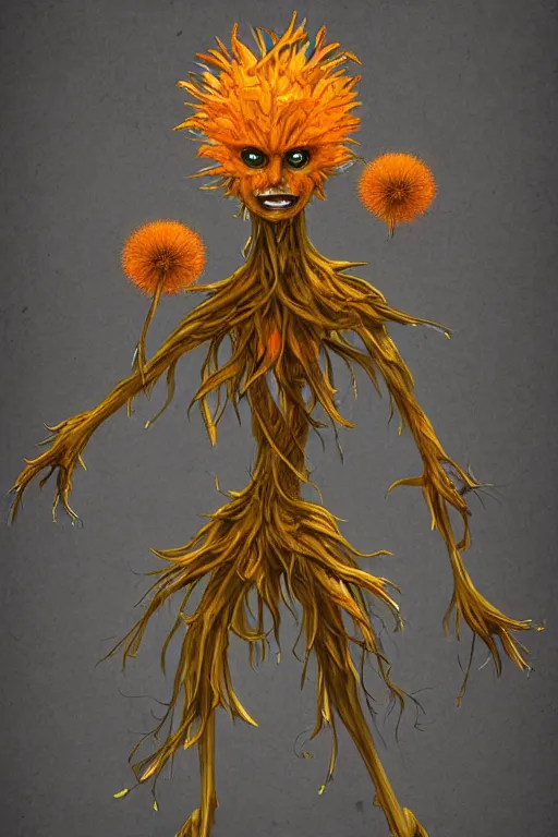 Image similar to a humanoid figure dandelion plant monster, orange eyes, highly detailed, digital art, sharp focus, trending on art station, anime art style