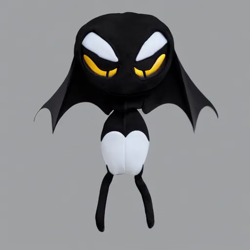 Image similar to close up potrait of an adorable grim reaper plush with black evil eyes, bat wings and venom's mouth, 4k, digital art, no artifacts, the whole image has a soft blur ethereal glow, yin yang symbols are on the background