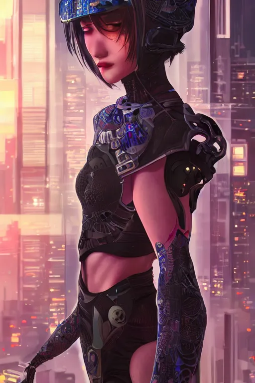 Prompt: portrait futuristic Ninja Girl, in future cyberpunk tokyo rooftop , ssci-fi, fantasy, intricate, very very beautiful, elegant, neon light, highly detailed, digital painting, artstation, concept art, smooth, sharp focus, illustration, art by WLOP and tian zi and alphonse mucha
