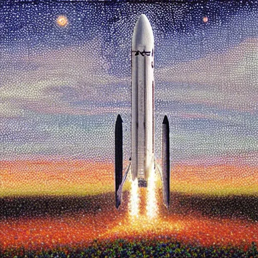 Image similar to spacex starship rocket landing on earth, pointillism painting