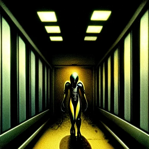 Image similar to black glossy xenomorph, alien movie, endless abandoned office cubicles, pale yellow wallpaper, moist brown carpet, dim fluorescent lighting, artstation, ultra detailed, creepy, dramatic lighting, photorealistic, art by h. r. giger and chris fss