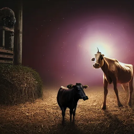 Prompt: photorealistic still on an alien on a farm at night stealing a cow UHD 8k