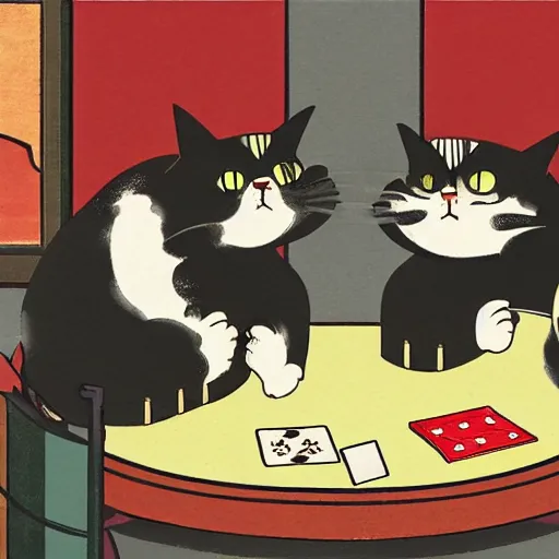 Image similar to fat mobster cats gambling at a table with a single light overhead, smoke fills the room, japanese art style