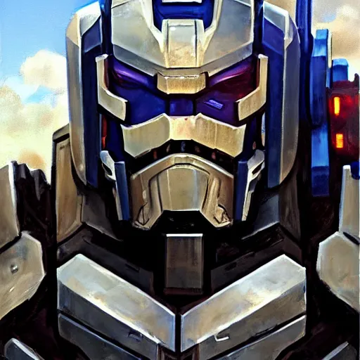 Image similar to greg manchess portrait painting of armored optimus prime as overwatch character, medium shot, asymmetrical, profile picture, organic painting, sunny day, matte painting, bold shapes, hard edges, street art, trending on artstation, by huang guangjian and gil elvgren and sachin teng