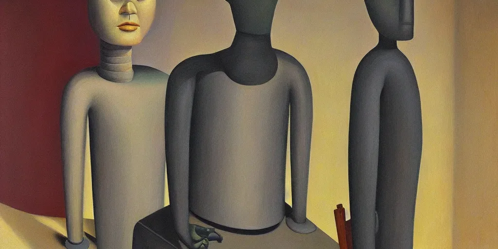 Image similar to super - intelligent robot with kind eyes portrait, grant wood, pj crook, edward hopper, oil on canvas