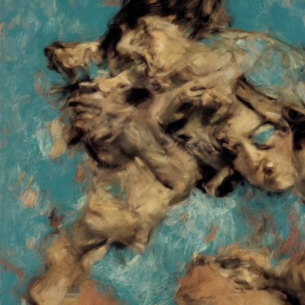 Image similar to high quality high detail painting by lucian freud, jenny savile, ilya repin and john singer sargent, motion blur, grunge, turquoise, hd