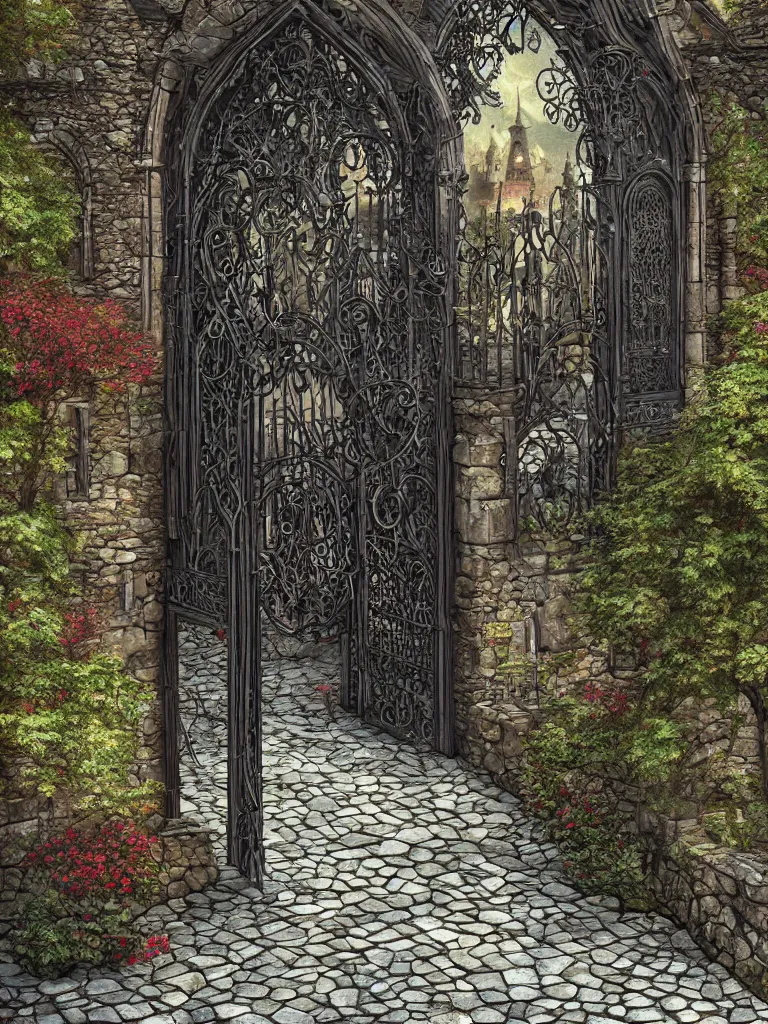 Image similar to beautiful digital painting high quality heavy iron gothic garden gate cobblestone ground artstation behance