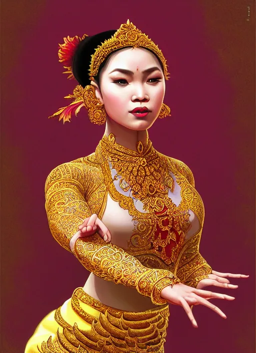 Image similar to javanese traditional dance, surealism, aesthetic, shiny, fantasy, intricate, elegant, extremely higly detailed, digital painting, artstation, anatomy perfect, baroque, concept art, photoshop, krita, smooth, sharp focus, full body focus, illustration, digital painting, art by artgerm and greg rutkowski and alphonse mucha