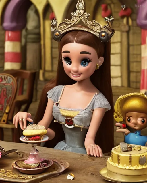 Prompt: highly detailed closeup, face profile portrait of a tin toy ariana grande as a medieval girl eating cakes in a castle, bikini, depth of field, nicoletta ceccoli, mark ryden, lostfish, dan decarlo, bob clampett, max fleischer, detailed and intricate environment, 8 k resolution, hyperrealistic, octane render