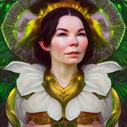 Image similar to portrait of bjork as dmt elf, 8 k highly detailed, sharp focus, illustration, art by artgerm, mucha, bouguereau