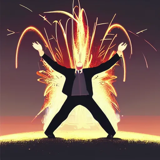 Image similar to man hitting the ground creating a explosion, anime, album cover, musical notes