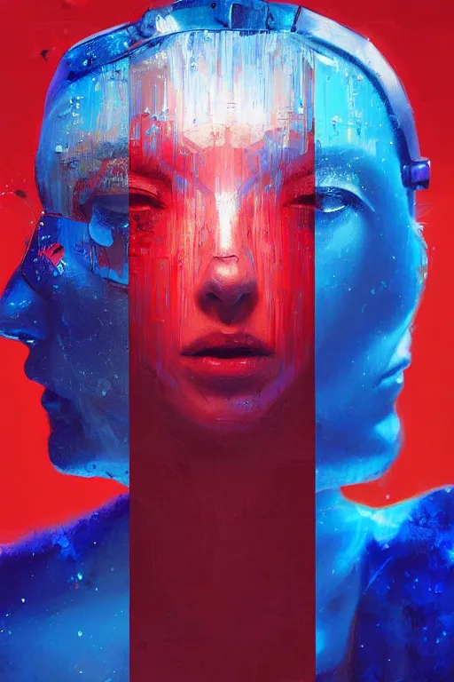 Prompt: 3 d, sci - fi, sun rays, grim fashion model face, cinematic, blue faces, vogue cover style, poster art, light red and deep blue mood, realistic painting, intricate oil painting, high detail, figurative art, multiple exposure, poster art, 3 d, by tooth wu and wlop and beeple and greg rutkowski
