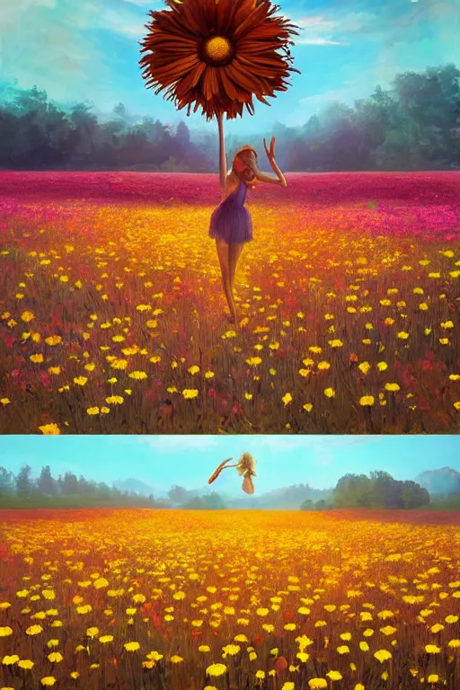 Image similar to giant daisy flower as head, girl dancing in a flower field, surreal photography, sunrise, dramatic light, impressionist painting, colorful clouds, digital painting, artstation, simon stalenhag, coherent