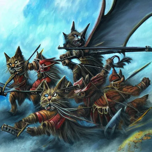 Image similar to cat warriors charging into battle fantasy painting heroic bearing by the best cat artist ever