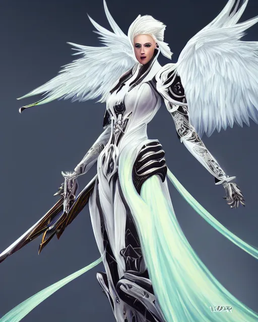 Prompt: tall, attractive white haired parrot wearing white dove wings, warframe armor, regal, attractive, ornate, sultry, sexy, beautiful, elize theron, pretty face, green eyes, scifi platform, 4 k, ultra realistic, epic lighting, illuminated, cinematic, black gold, art by akihito tsukushi, voidstar