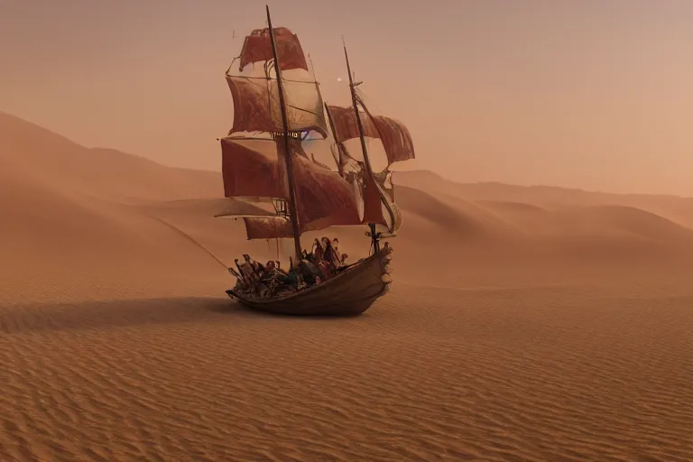 Prompt: a large ancient red pirate ship sailing the dunes in a vast arabian desert, by rutkowski, fantasy still movie, highly detailed, photorealistic, digital art, matte painting, hd illustration, trending on artstation