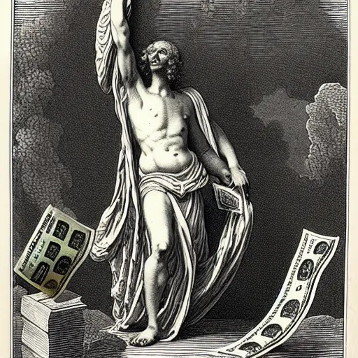 Image similar to british money ascending into heaven holding stacks of cash, biblical image, style of gustave dore, highly detailed, beautiful, high contrast, black and white