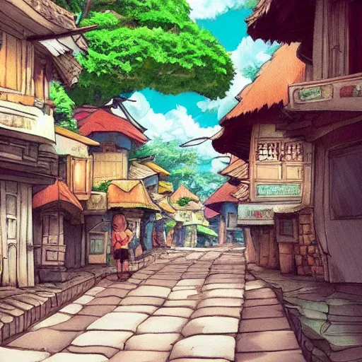 Prompt: indonesian street in the style of studio ghibli