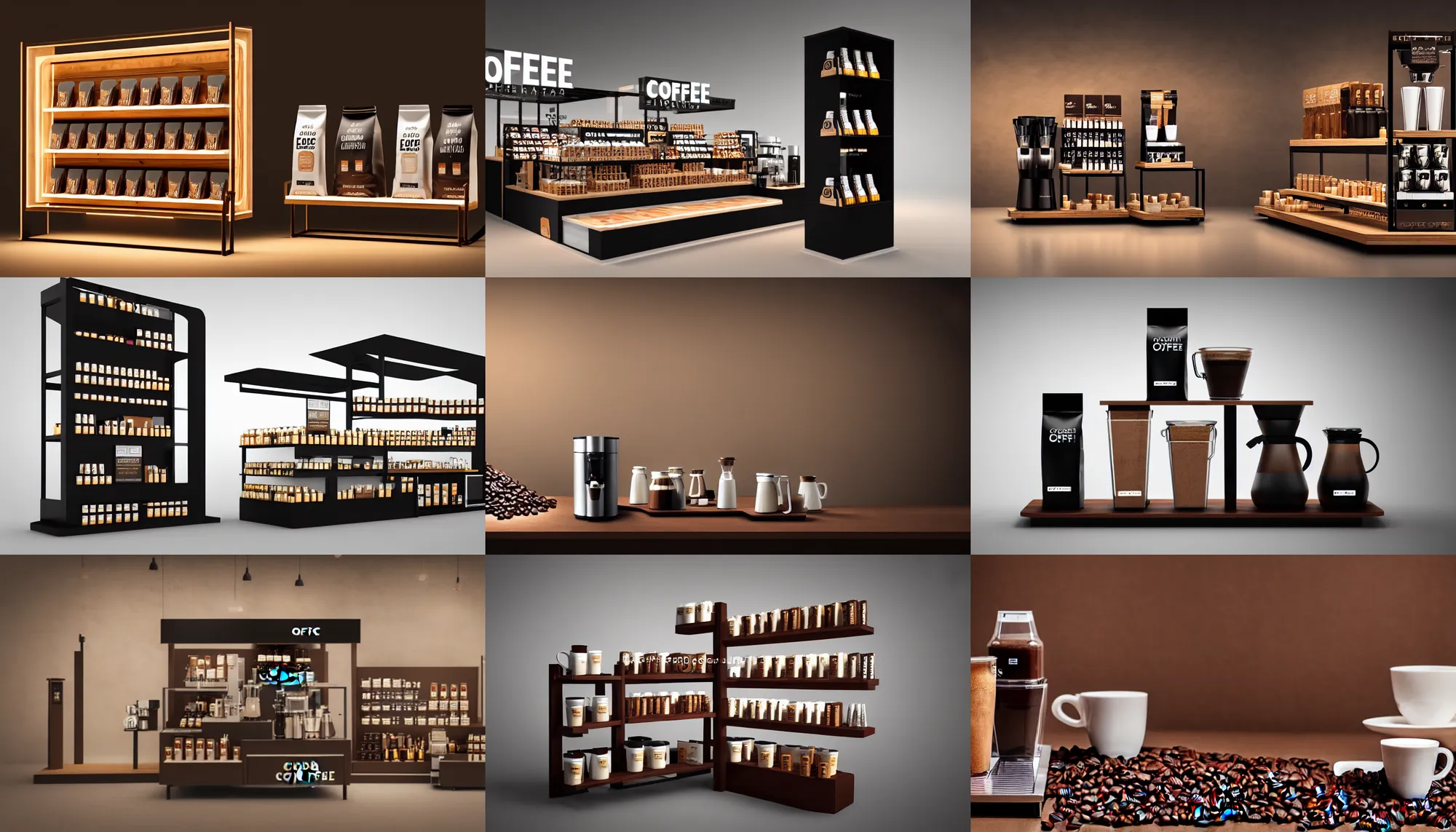 Prompt: modern display stand for coffee products, epic composition, 8 k, beautiful cinematic light