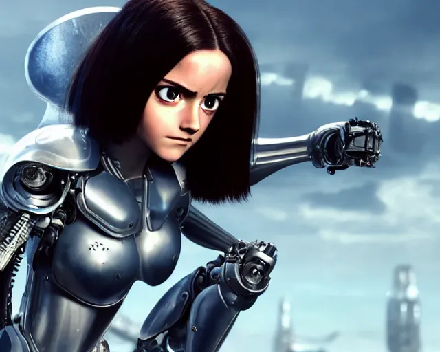 Prompt: a film still from battle angel alita played by actress emma watson, futuristic, cinematic lighting, photorealistic, lifelike, highly detailed, photorealistic, hyperrealistic, high resolution, 4 k