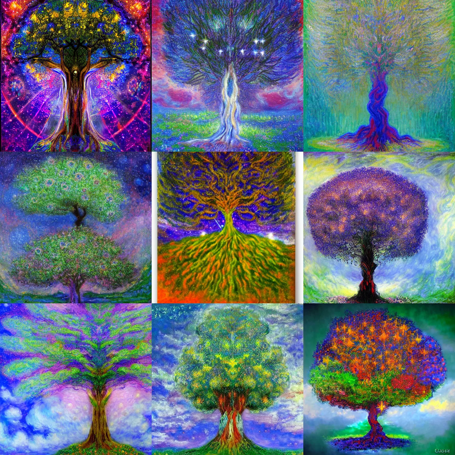Prompt: cosmic divine tree by cloude monet.