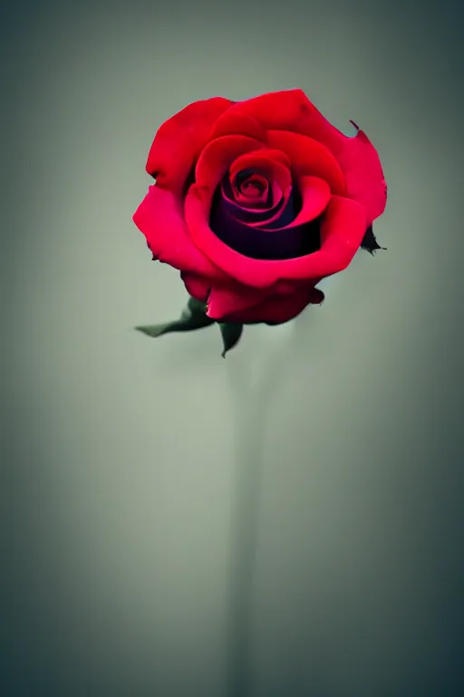 Image similar to a realistic photo of a dark-red rose, Romantic, dark background, lit by morning light, beautiful photo