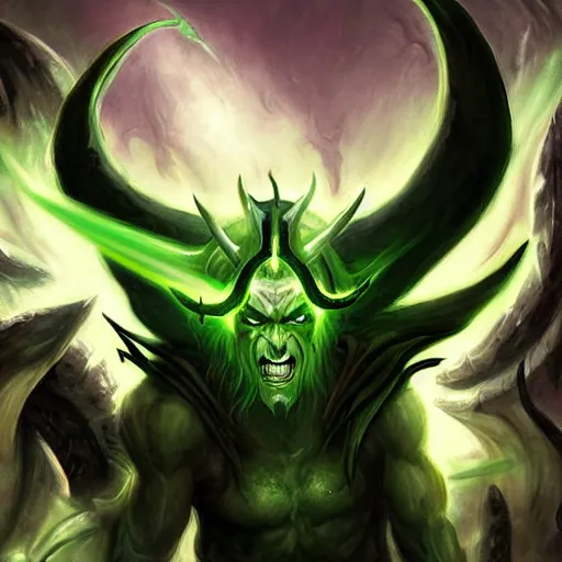 Prompt: illidan stormrage painting grandiose fantasy slaying demons