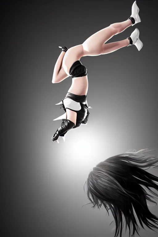 Image similar to Katarina from League of Legends doing a backflip, photorealistic, studio lighting, white ambient background, highly detailed