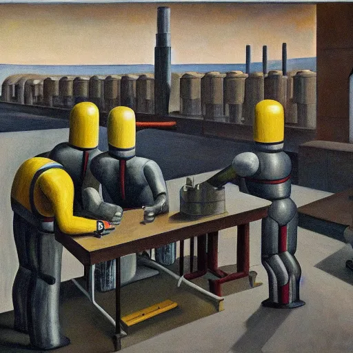 Image similar to drab slave human workers building robots, watched by fascist robots, brutalist factory, dystopian, pj crook, edward hopper, oil on canvas