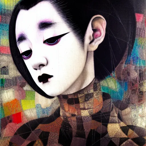 Image similar to yoshitaka amano blurred and dreamy realistic three quarter angle portrait of a young woman with black lipstick and black eyes wearing dress suit with tie, junji ito abstract patterns in the background, satoshi kon anime, noisy film grain effect, highly detailed, renaissance oil painting, weird portrait angle, blurred lost edges