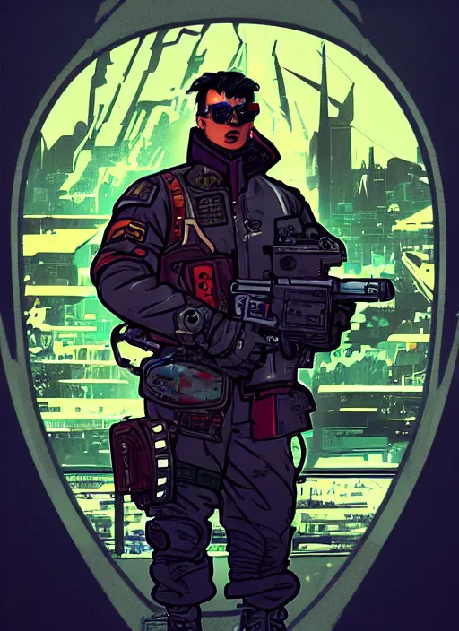 Prompt: cyberpunk soviet mercenary with scenic sub arctic background. portrait illustration, pop art, art by ashley wood, alphonse mucha, laurie greasley and josan gonzalez. cinematic. dynamic lighting. realistic proportions. creative design. cell shading
