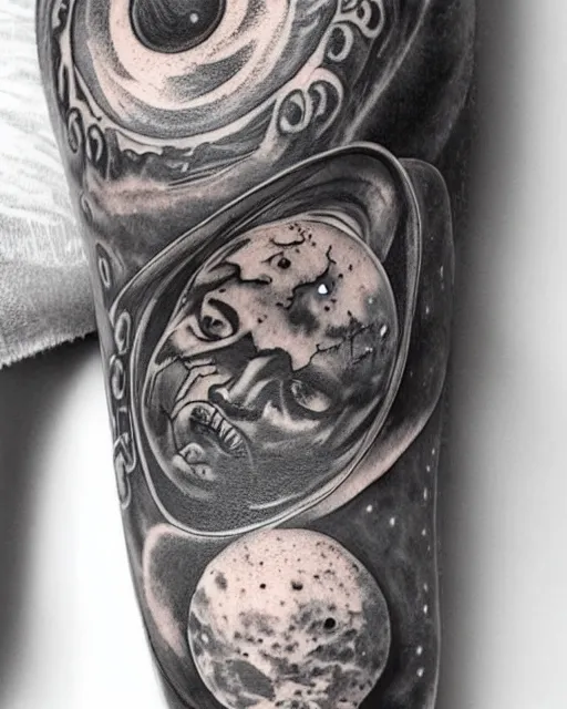 Image similar to planets on the top of a broken renaissance head statue, realism tattoo design, in the style of matt jordan