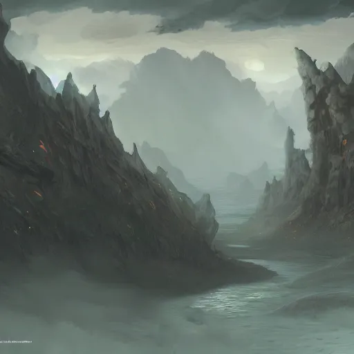 Prompt: Wide shot of a fantasy canyon. Concept art, highly detailed, wide, trending on artstation.