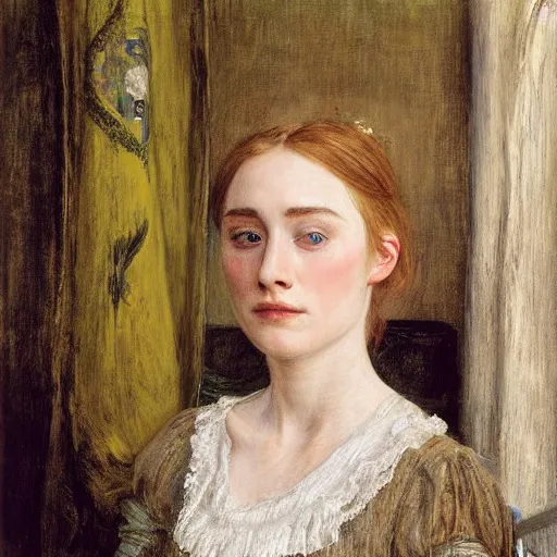 Image similar to a true-to-life portrait of Saoirse Ronan painted by John Everett Millais