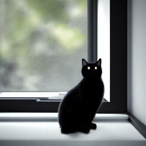 Prompt: peaceful dreamy painting of a content black cat sitting by a window, sunshine coming through the window, small plants on the window sill, 8k, hyper realism, trending on artstation, octane render