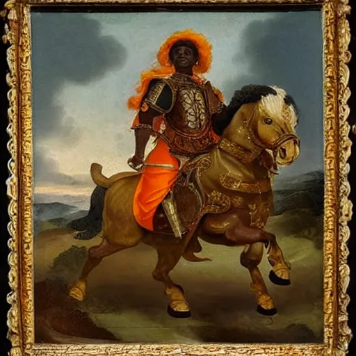 Image similar to black man with afro hair wearing an army green cloak, ( ( ( riding an orange bull ) ) ), renaissance style painting, stunning detail and accuracy